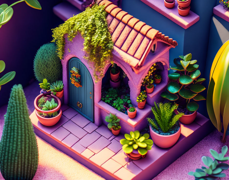 Whimsical purple house in magical garden scenery