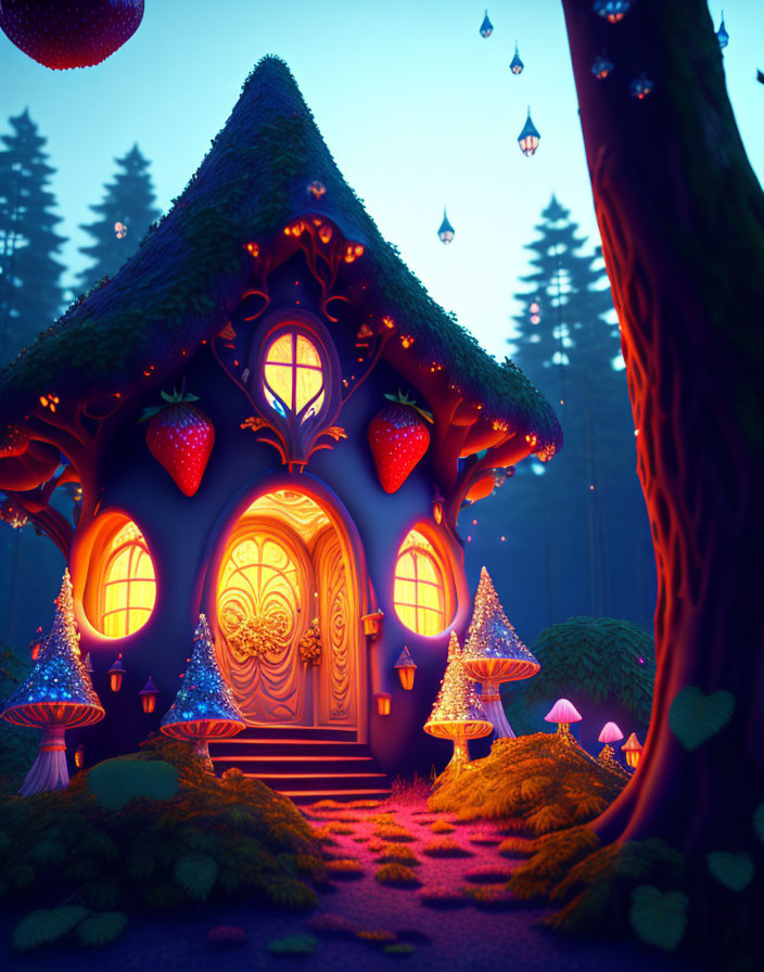 Glowing fairy-tale cottage in twilight forest