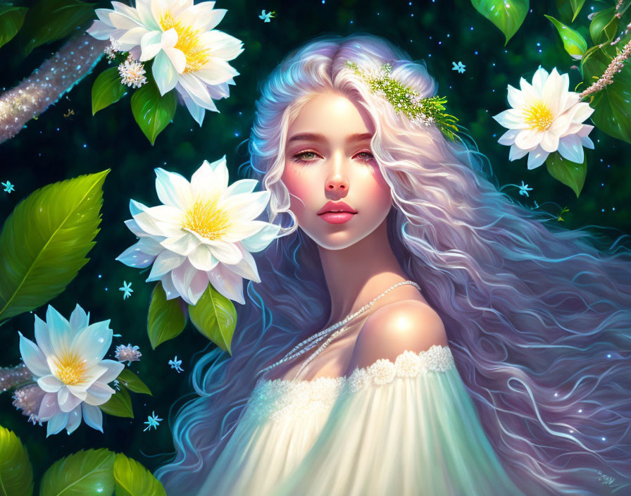 Digital artwork of woman with long wavy hair in white flowers and green leaves under starry night.