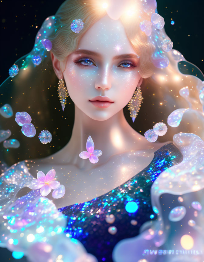 Blonde-haired female character with glowing orbs and flowers on dark background