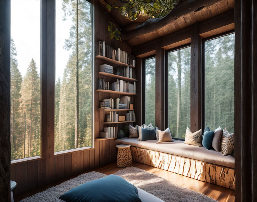 Cozy wooden interior with window seat, forest view, cushioned seating, bookshelves