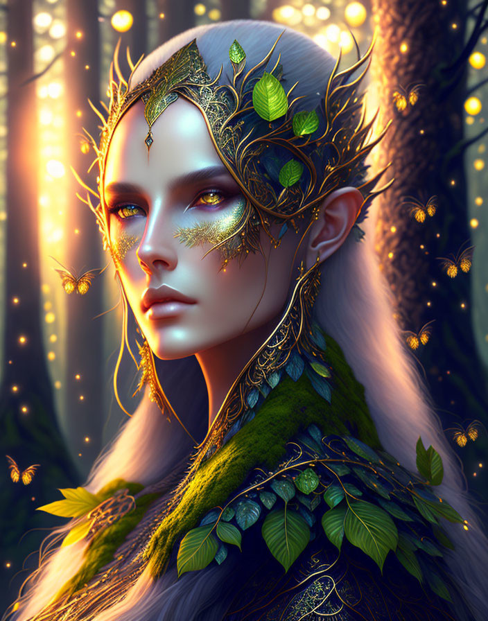 Ethereal digital portrait of female figure with leaf-themed adornments