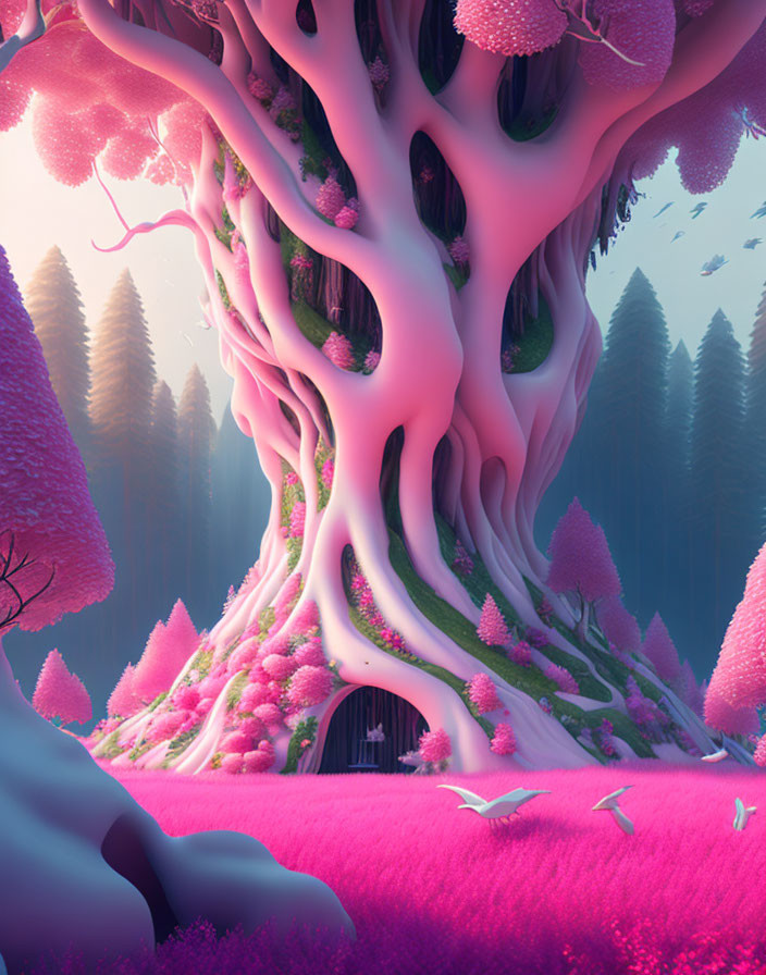 Enormous pink tree in a fantasy forest with vibrant foliage and birds.