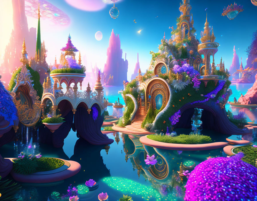 Fantasy landscape with colorful architecture, lush vegetation, floating islands, and multiple moons