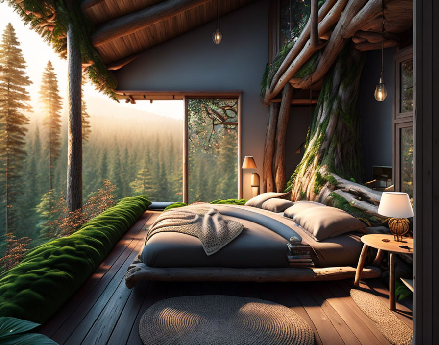 Rustic wooden bed in cozy bedroom with forest view & warm lighting