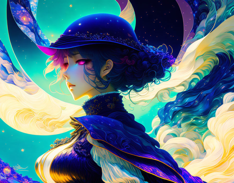 Vibrant cosmic-themed girl illustration with swirling patterns