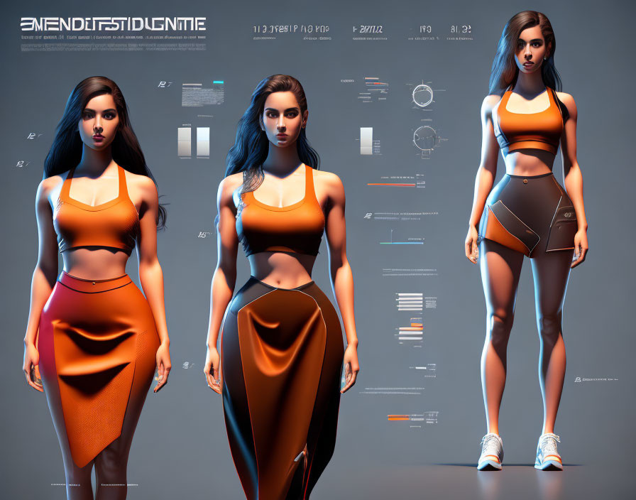 Rendered female character in futuristic athletic wear: front, side, and back views against technical backdrop with