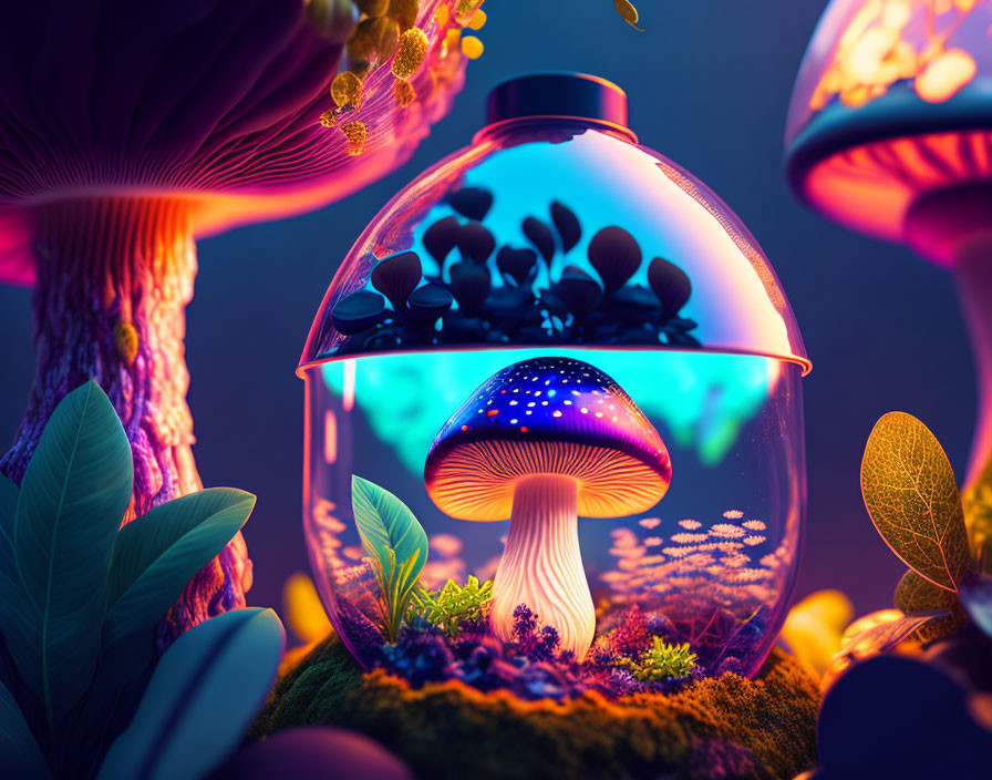 Colorful Mushroom Terrarium with Glowing Plants and Fantastical Fungi