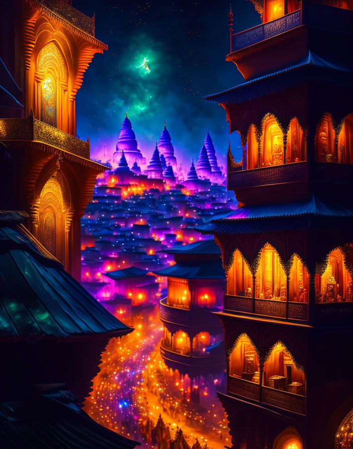 Enchanting nocturnal cityscape with traditional buildings, starry sky, and floating lights