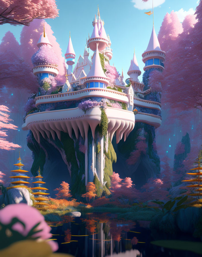 Fantastical castle on floating island with pink flora and reflective water.