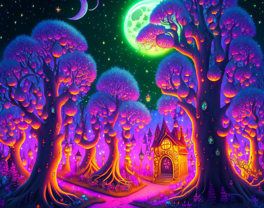 Fantasy Night Landscape with Purple Trees and Glowing Moon