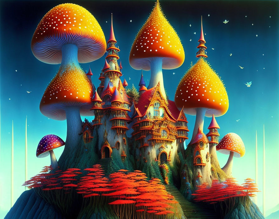 Vibrant fantasy landscape: castle among oversized mushrooms, starry sky, luminescent trails.