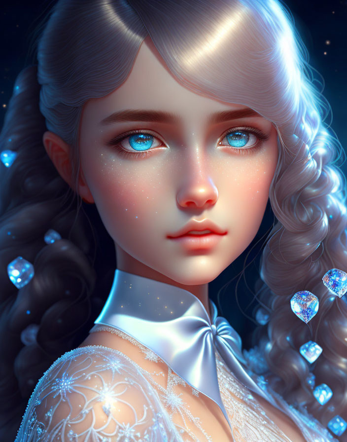 Young woman in white lace dress with blue eyes and gems on starry background