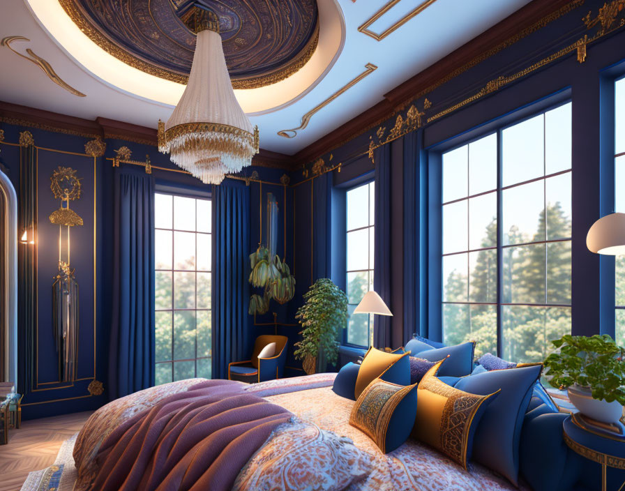 Spacious bedroom with blue and gold decor and elegant chandelier