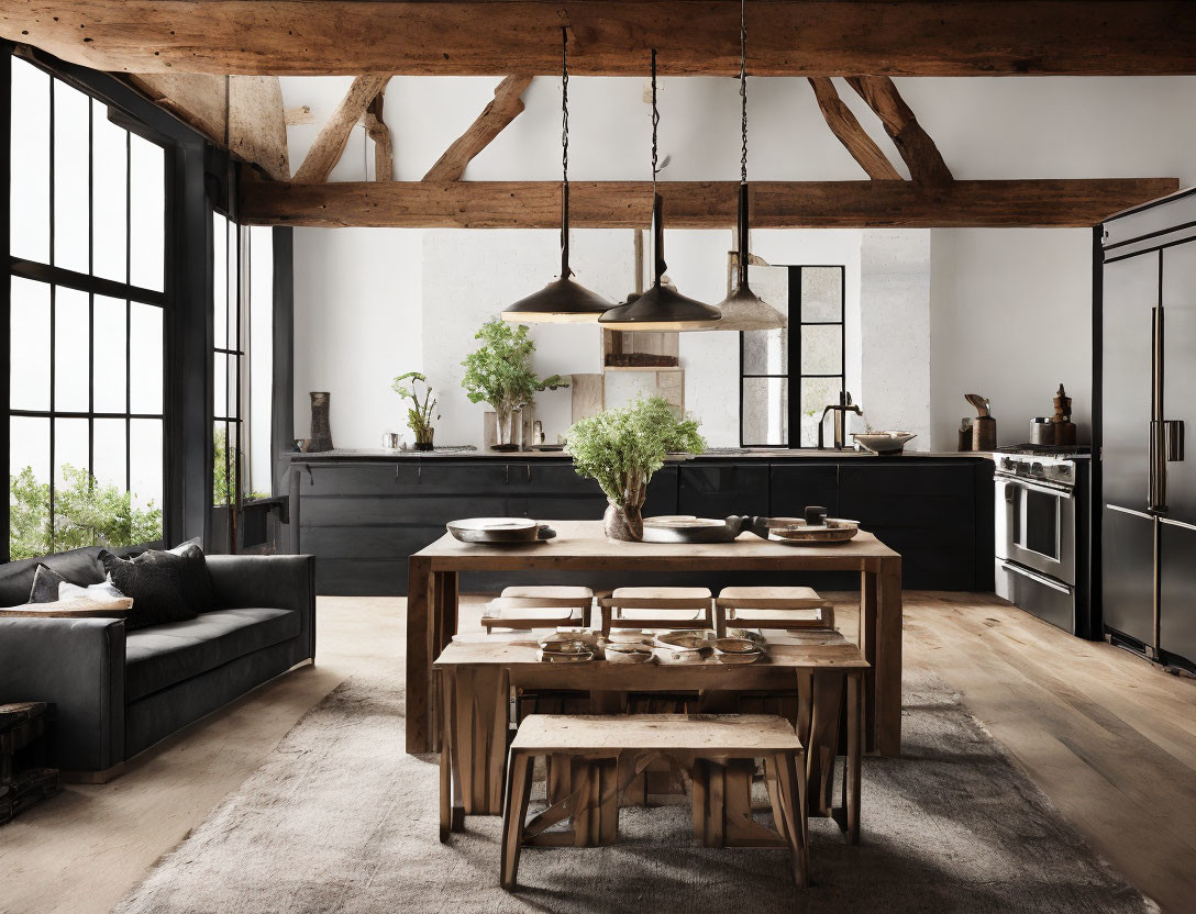 Rustic kitchen with wooden beams, black cabinetry, and large windows