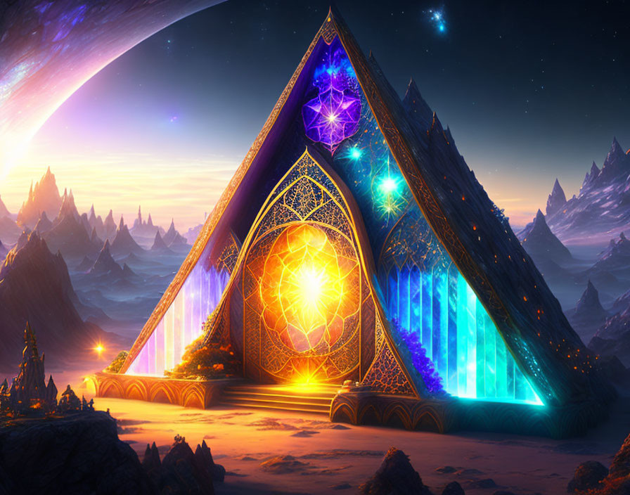 Vibrant fantasy landscape with glowing geometric structure in icy mountains