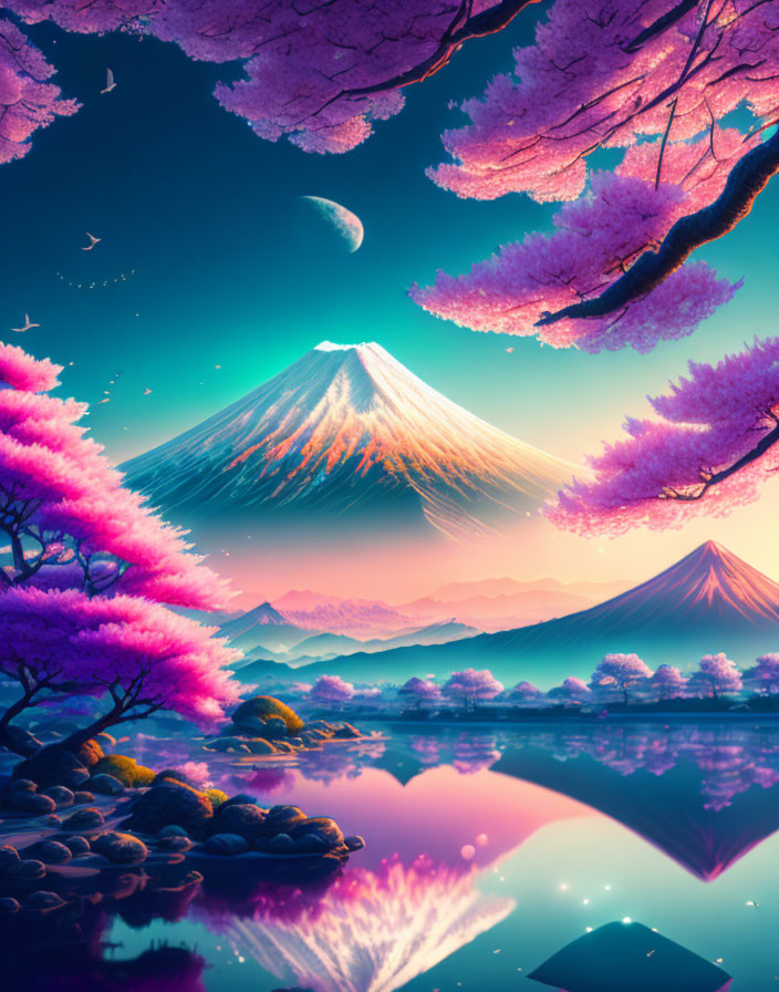 Serene landscape: Mount Fuji, cherry blossoms, lake reflection, starry sky