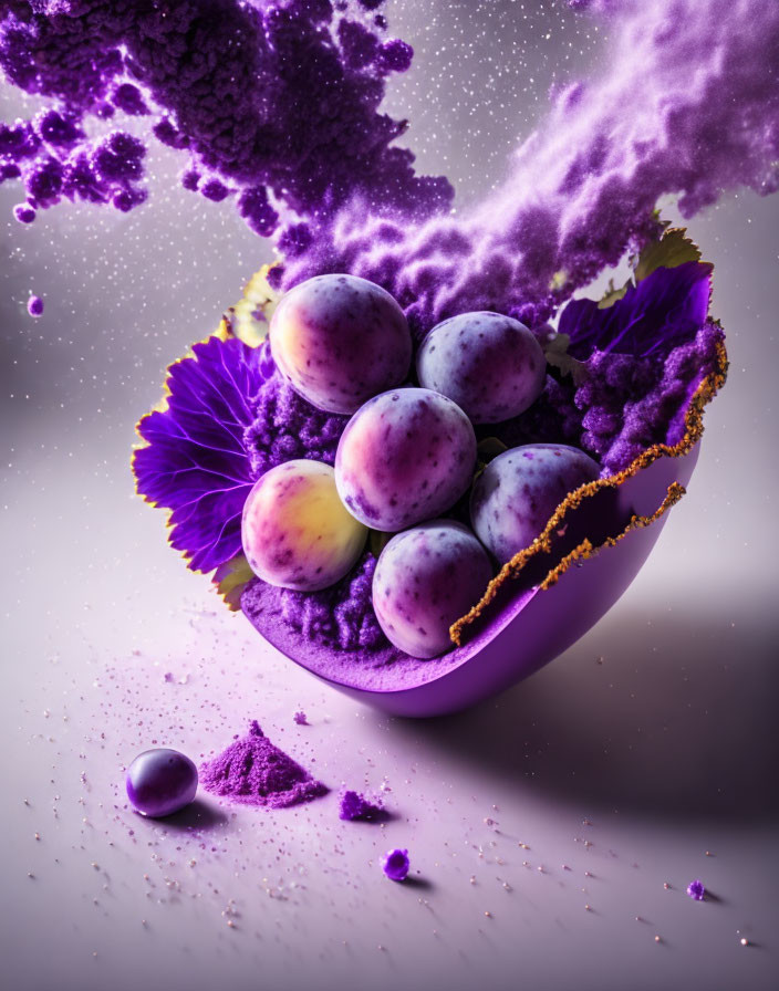 Vibrant still life: plums in purple bowl with powder and leaves on soft background