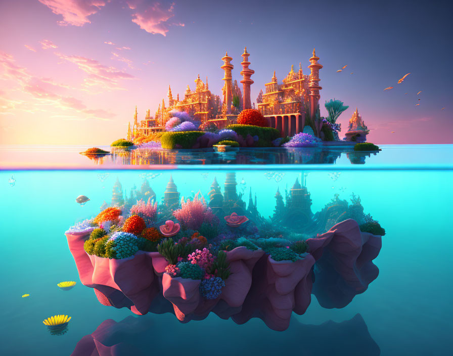 Floating Island with Castle, Gardens, and Coral in Tranquil Sunset