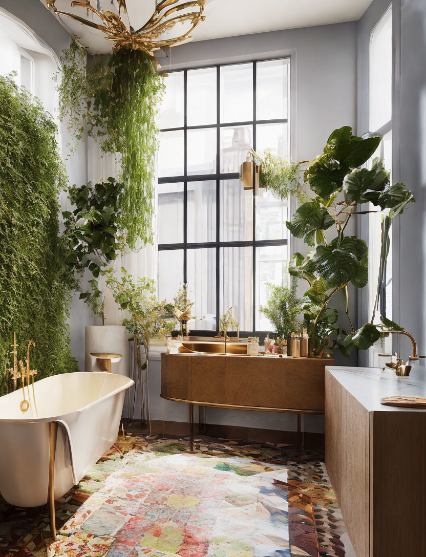 Spacious bathroom with large windows, green plants, freestanding tub, wood vanity, colorful rug