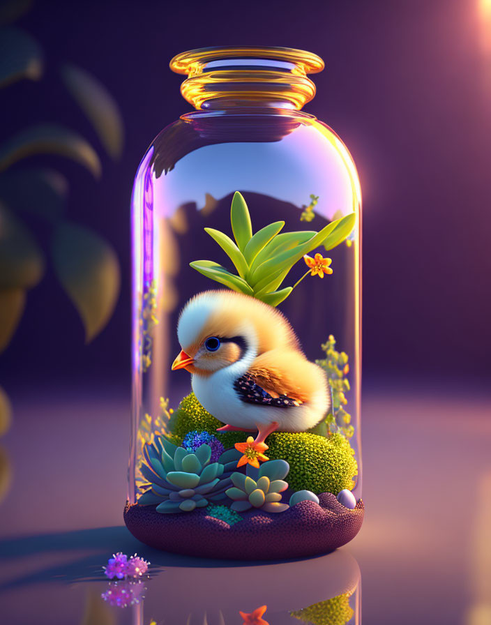 Colorful plants and flowers around cute chick in glass jar at twilight