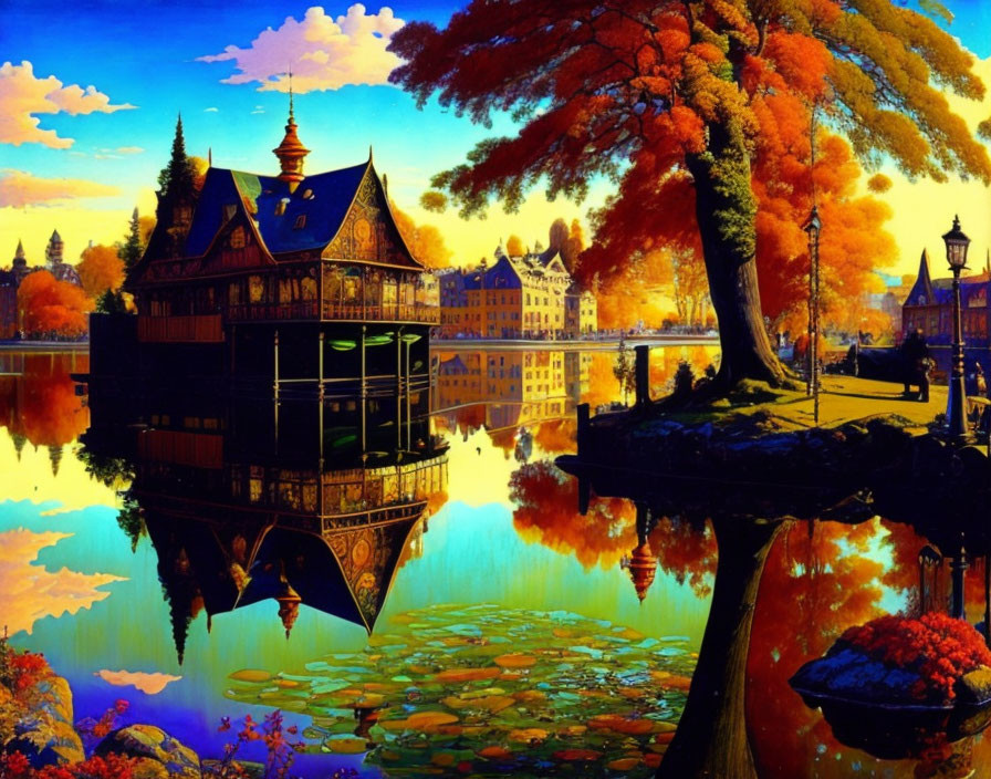 Vibrant autumn tree by tranquil pond with house and clear sky