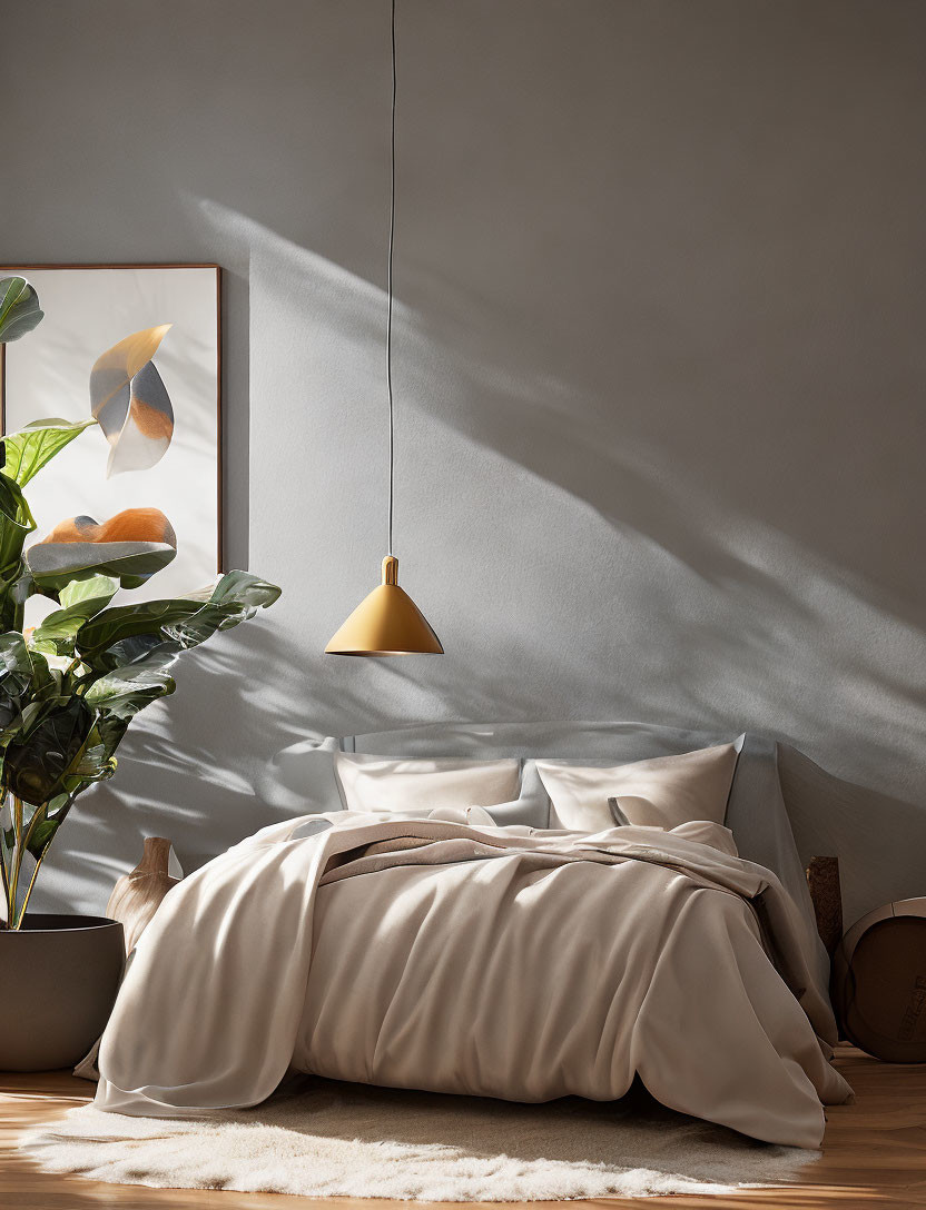 Modern Bedroom with Cozy Bed, Beige Bedding, Pendant Light, Plant, and Artwork