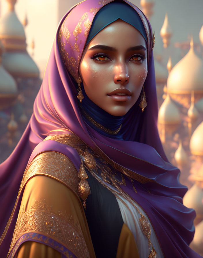 Digital artwork portrait of woman in hijab with ornate gold detailing against architectural domes