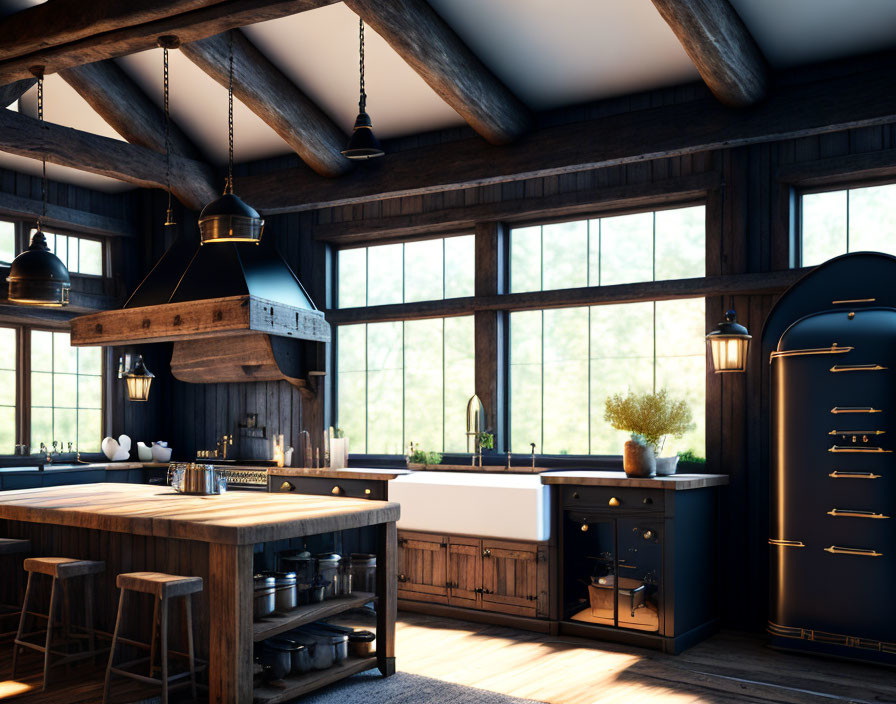 Rustic kitchen with dark wood cabinetry, vintage fridge, and pendant lights