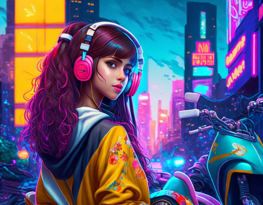 Illustrated woman in vibrant clothing with headphones in neon-lit cityscape at dusk