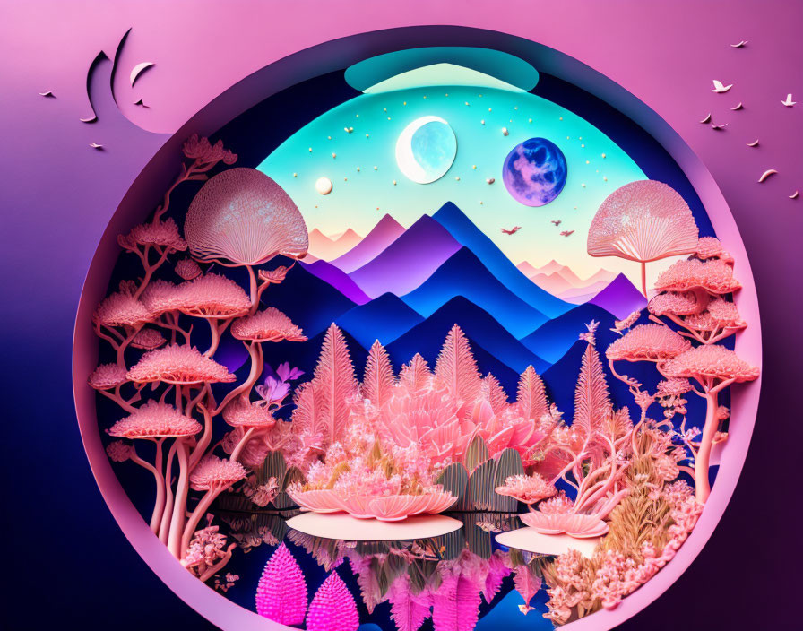 Vibrant layered paper art of celestial landscape with mushrooms, mountains, plants