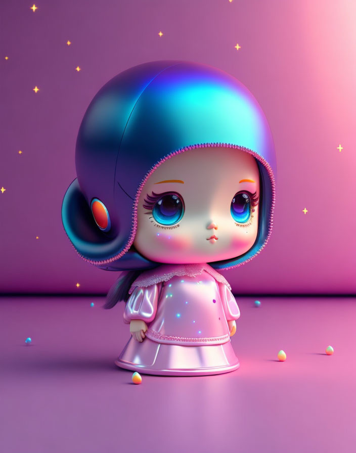 Stylized digital illustration of big-eyed doll with purple astronaut helmet