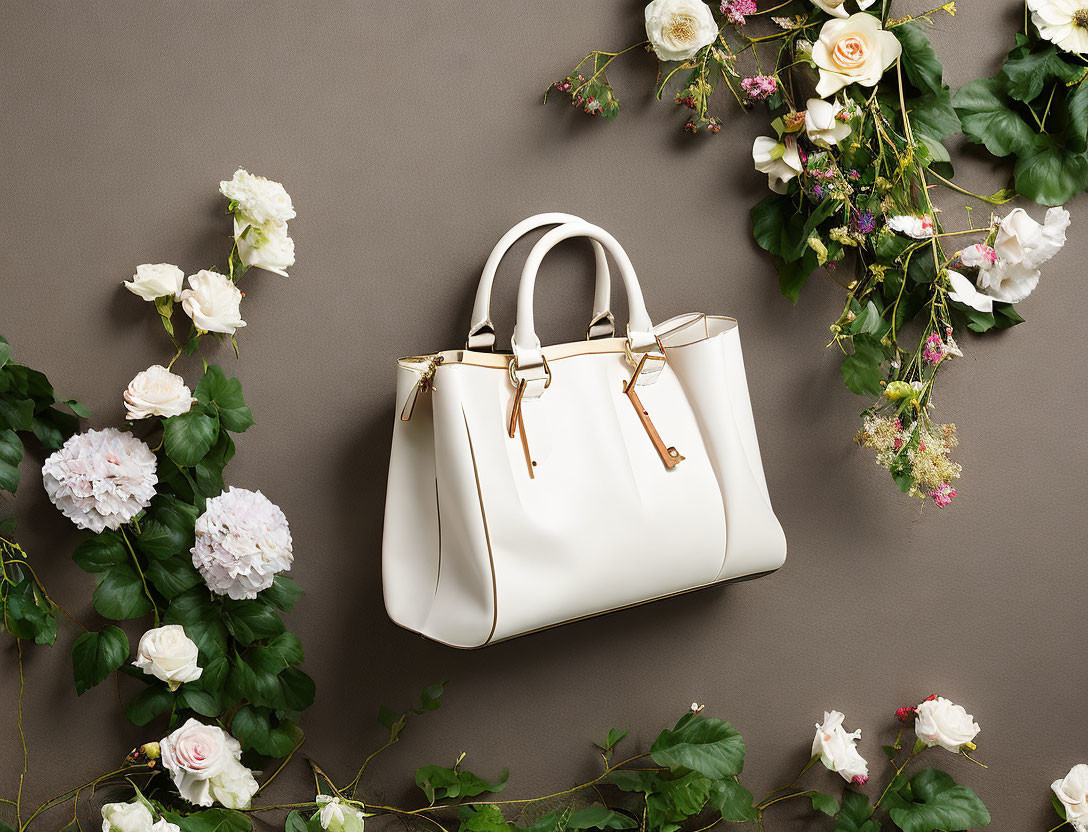 White Designer Handbag with Gold Accents on Neutral Background with Green Vines and Flowers