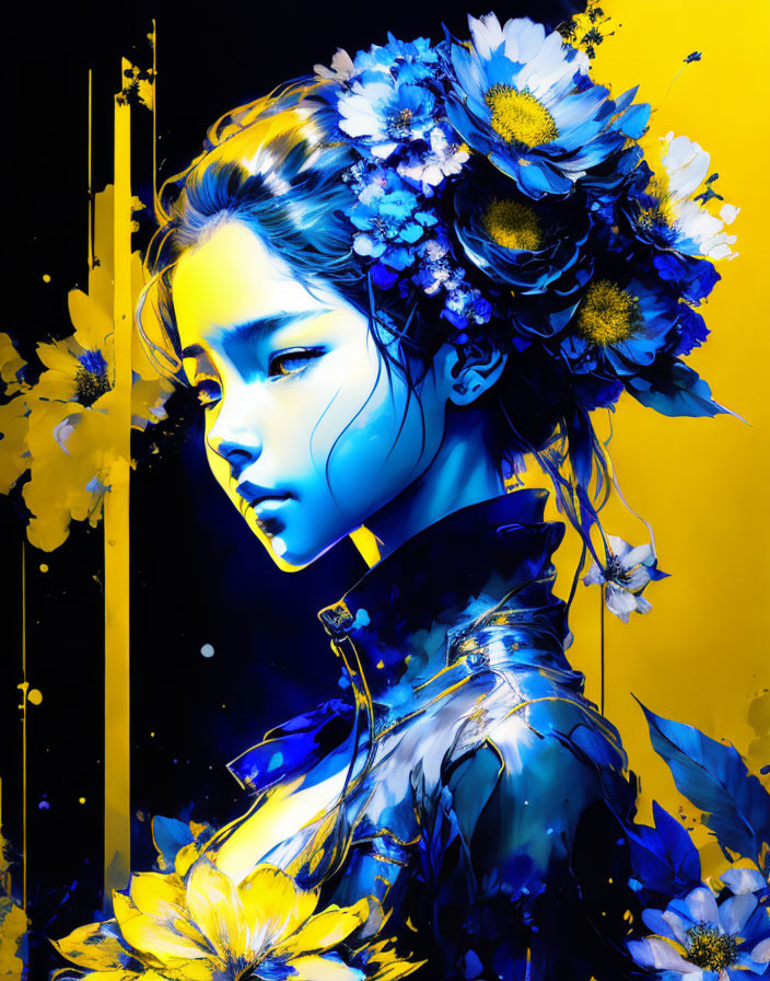 Vibrant digital artwork featuring woman with blue and yellow flowers