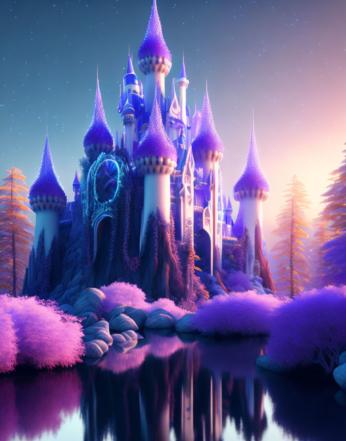 Fantastical Castle with Purple Spires in Twilight Landscape