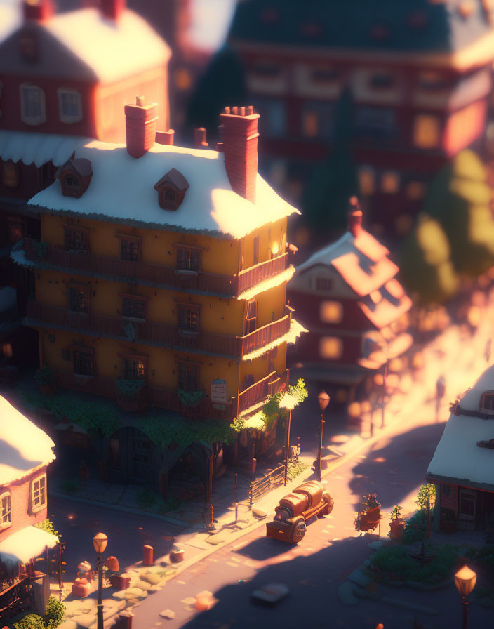 Snow-covered town scene at dusk with glowing windows, street lamps, classic car, and warm hues