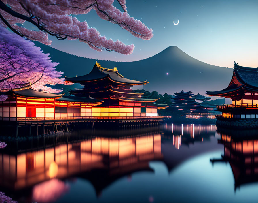 Japanese Pagoda and Cherry Blossoms by Lake Fuji at Twilight