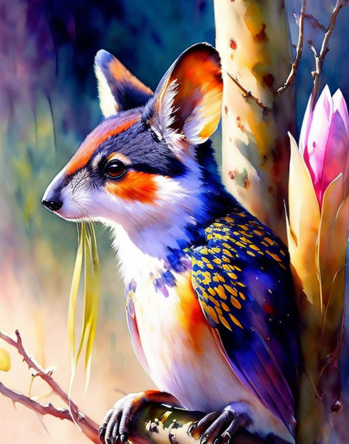 Colorful Fox-Bird Hybrid Creature in Nature Scene