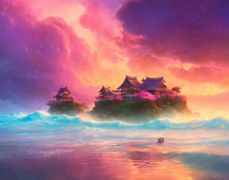 Fantastical seascape with Asian palace on rock in glowing waves