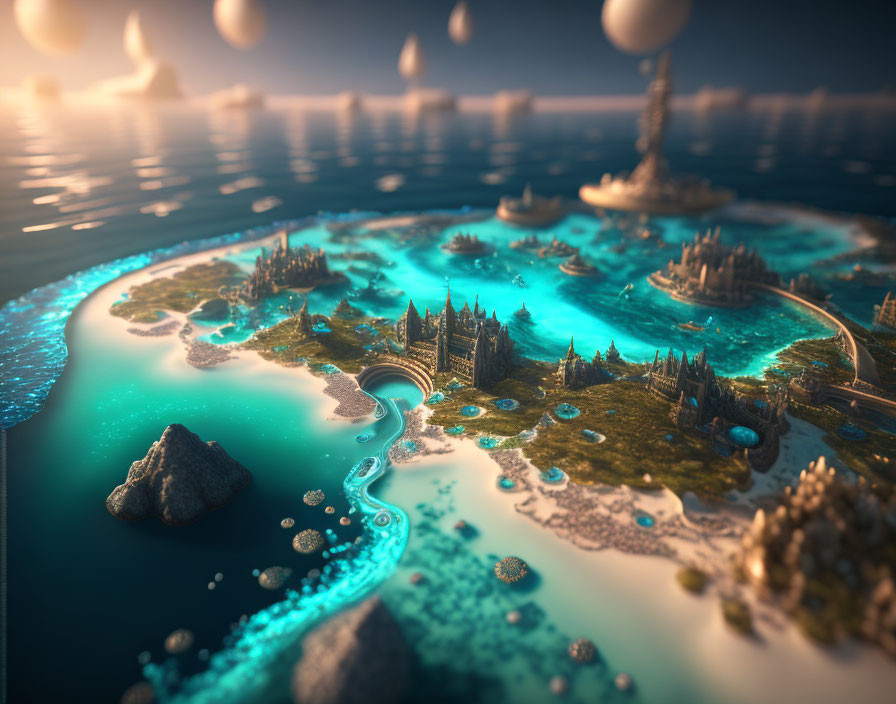 Fantastical island with medieval structures and glowing blue waterways