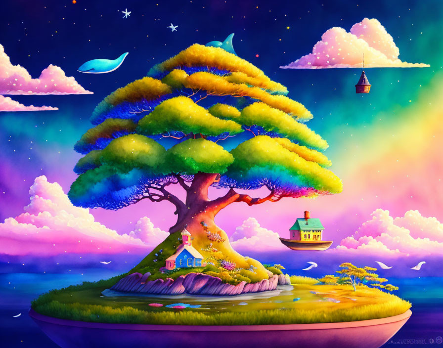 Colorful Island Scene with Vibrant Tree, Floating Fish, and Houses