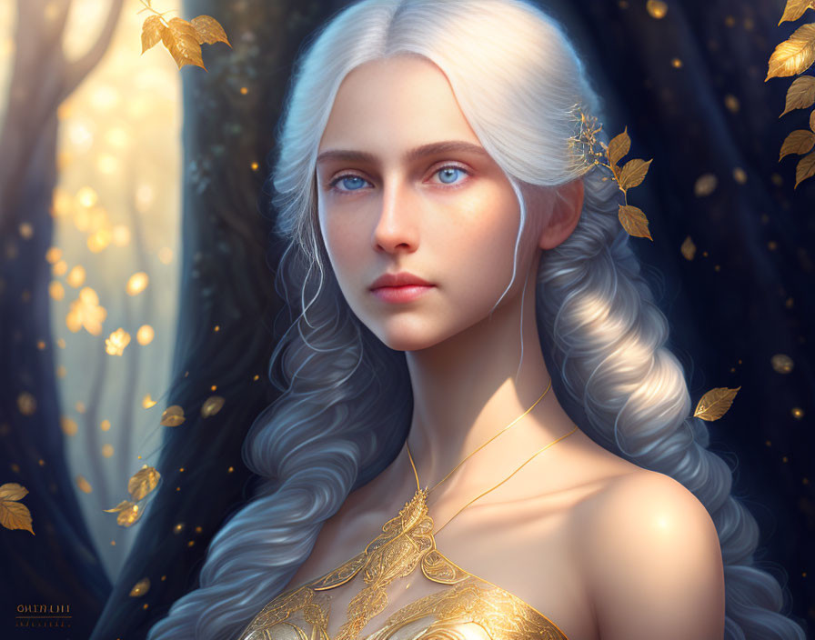 Serene fantasy female figure with long white hair and blue eyes in gold attire surrounded by golden leaves and