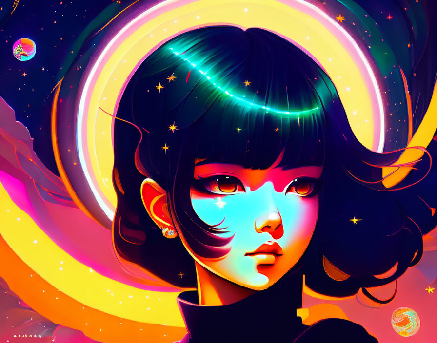 Vibrant cosmic-themed digital art of a girl with colorful stars and celestial bodies.