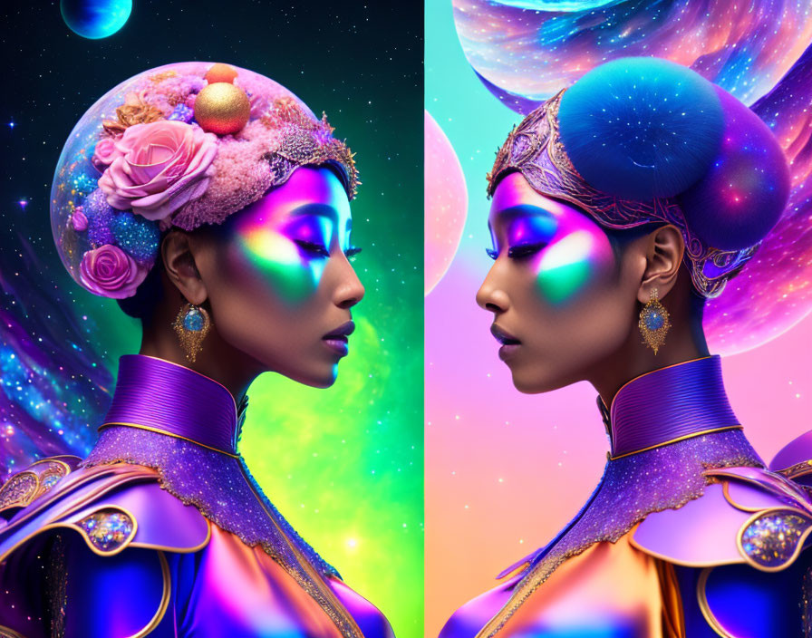 Cosmic-themed digital artwork of a woman with galaxy motif