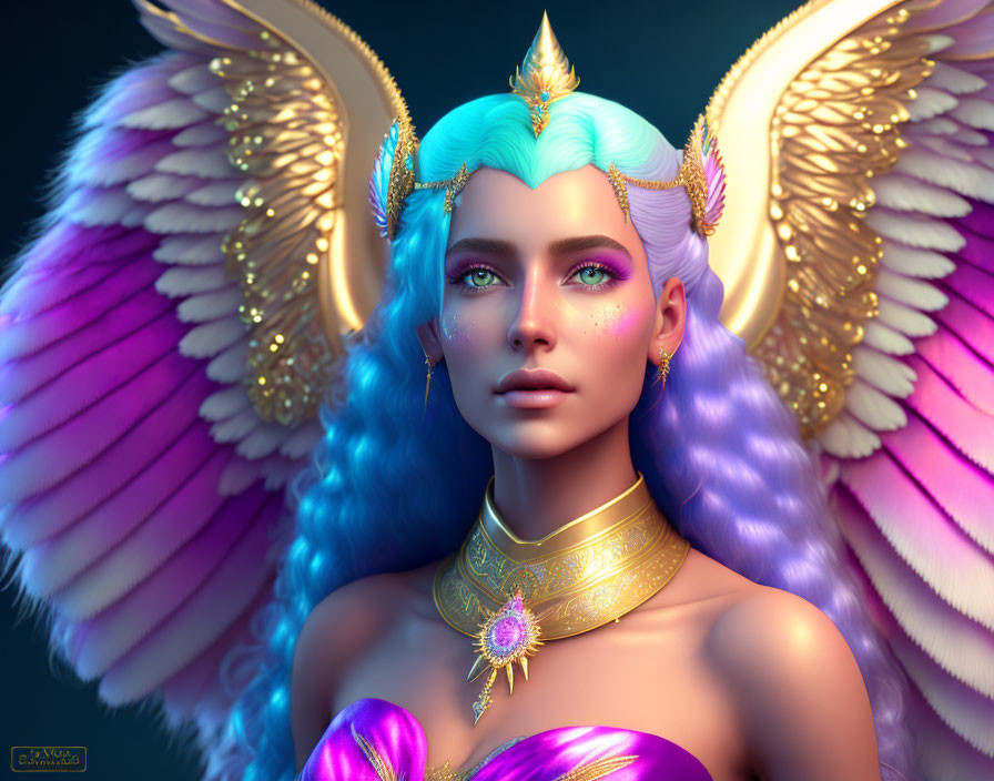 Fantasy image: Woman with wings, blue hair, golden accessories, pink dress on blue background