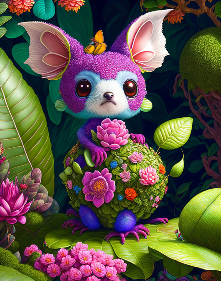 Colorful whimsical creature in lush floral setting