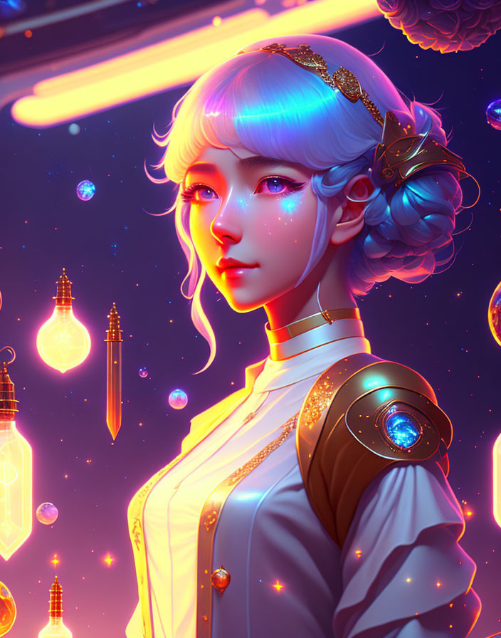 Fantasy character with blue hair, glowing eyes, gold accessories, lanterns, and celestial bodies in