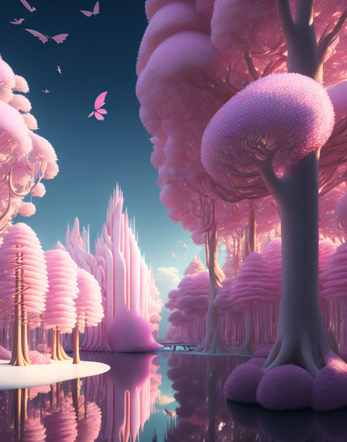 Fantastical landscape with pink fluffy trees, reflective water, butterflies, and crystalline structures