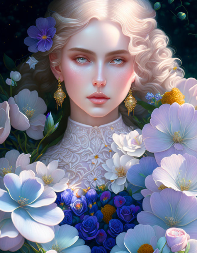 Digital artwork: Woman with fair skin, blue eyes, gold earrings, vibrant flowers on dark background