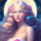 Fantasy digital artwork: Female figure with golden hair, pink flowers, and luminous backdrop